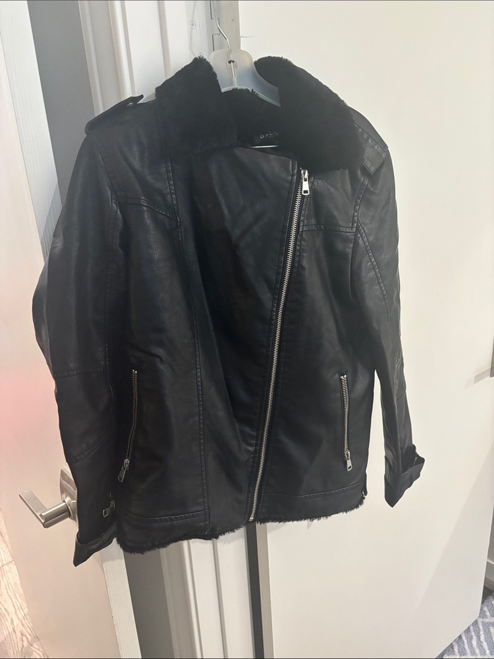 Black Faux Leather Shearling Jacket - Women